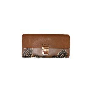 Michael Kors Bridgette Saffiano Tan Leather Gold Wallet in Blue Brown Paisley